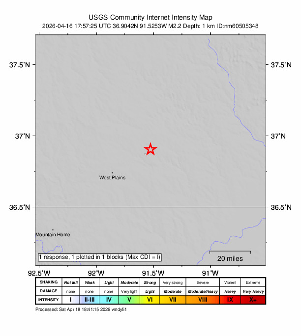 USGS DYFI community-reported intensity map for the M2.2 earthquake near 10 km SSW of Birch Tree, Missouri