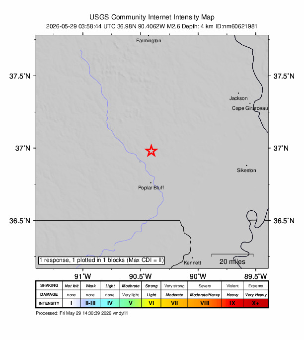 USGS DYFI community-reported intensity map for the M2.6 earthquake near 12 km E of Williamsville, Missouri