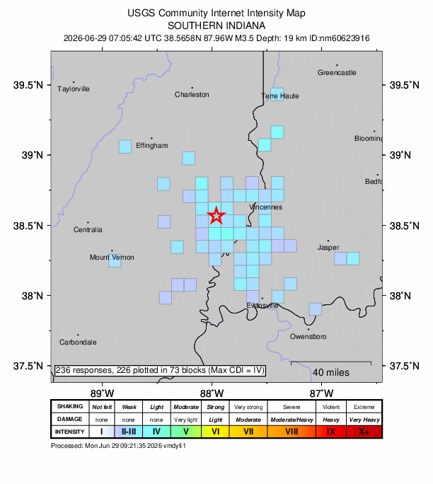 USGS DYFI community-reported intensity map for the M3.5 earthquake near 6 km NE of West Salem, Illinois