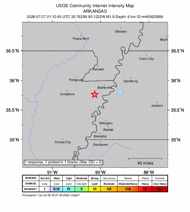 USGS DYFI community-reported intensity map for the M1.9 earthquake near 6 km W of Victoria, Arkansas
