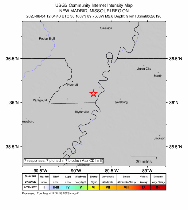 USGS DYFI community-reported intensity map for the M2.6 earthquake near 6 km ENE of Steele, Missouri