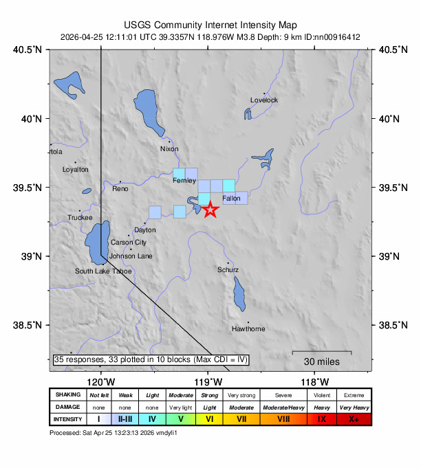 USGS DYFI community-reported intensity map for the M3.8 earthquake near 22 km SW of Fallon, Nevada