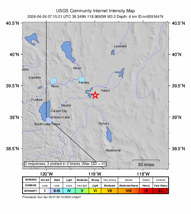 USGS DYFI community-reported intensity map for the M3.3 earthquake near 21 km ESE of Silver Springs, Nevada