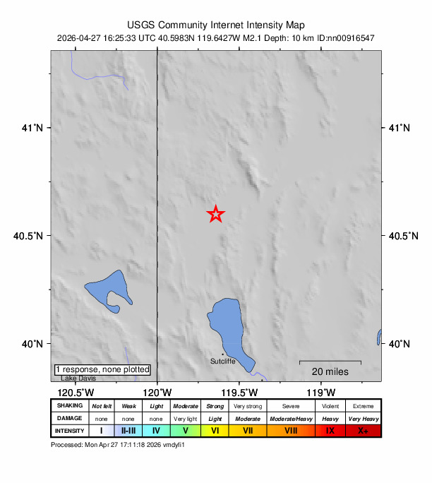 USGS DYFI community-reported intensity map for the M2.1 earthquake near 25 km WSW of Gerlach, Nevada