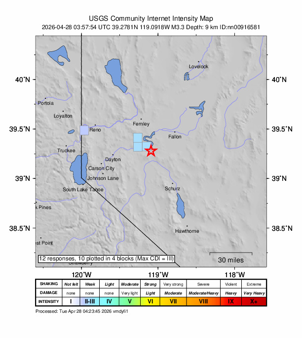 USGS DYFI community-reported intensity map for the M3.3 earthquake near 19 km SE of Silver Springs, Nevada