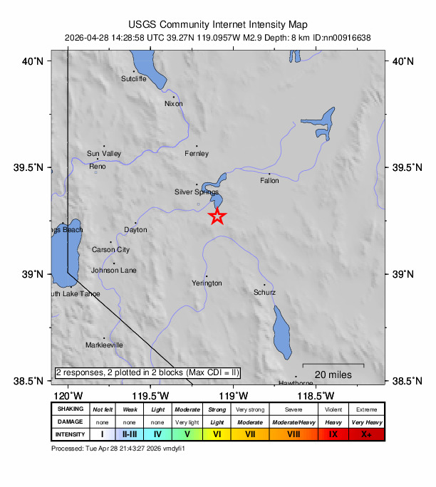 USGS DYFI community-reported intensity map for the M2.9 earthquake near 19 km SE of Silver Springs, Nevada