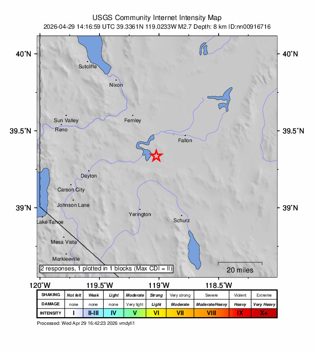 USGS DYFI community-reported intensity map for the M2.7 earthquake near 19 km ESE of Silver Springs, Nevada