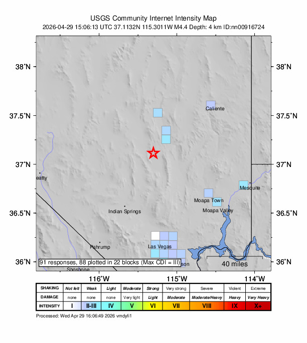 USGS DYFI community-reported intensity map for the M4.4 earthquake near 30 km SSW of Alamo, Nevada