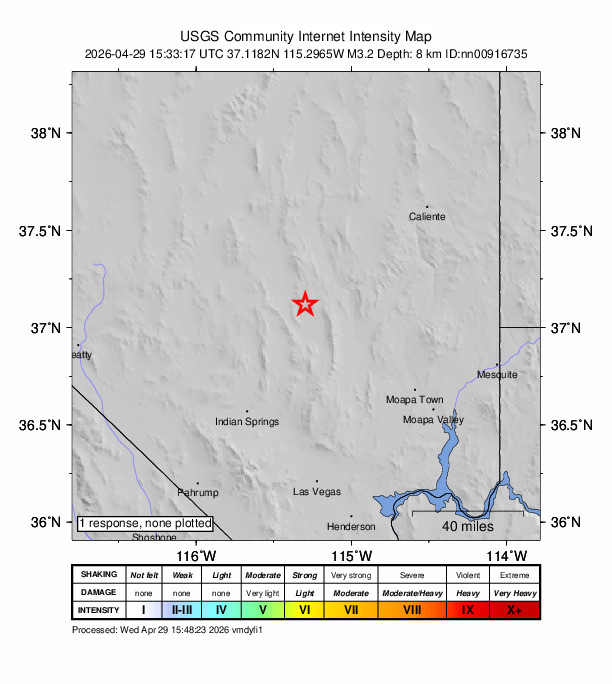 USGS DYFI community-reported intensity map for the M3.2 earthquake near 29 km SSW of Alamo, Nevada
