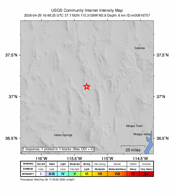 USGS DYFI community-reported intensity map for the M2.8 earthquake near 30 km SSW of Alamo, Nevada