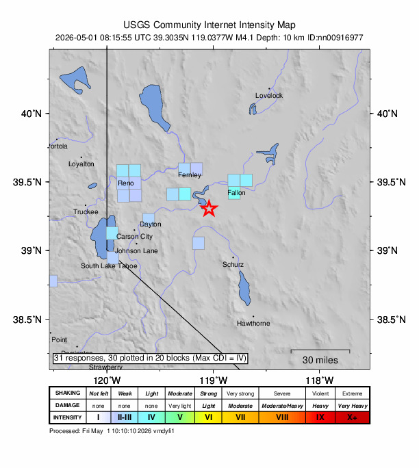 USGS DYFI community-reported intensity map for the M4.1 earthquake near 20 km SE of Silver Springs, Nevada