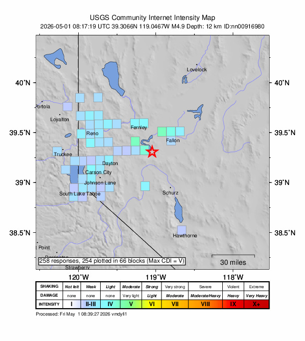 USGS DYFI community-reported intensity map for the M4.9 earthquake near 19 km SE of Silver Springs, Nevada