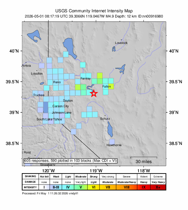 USGS DYFI community-reported intensity map for the M4.9 earthquake near 19 km SE of Silver Springs, Nevada