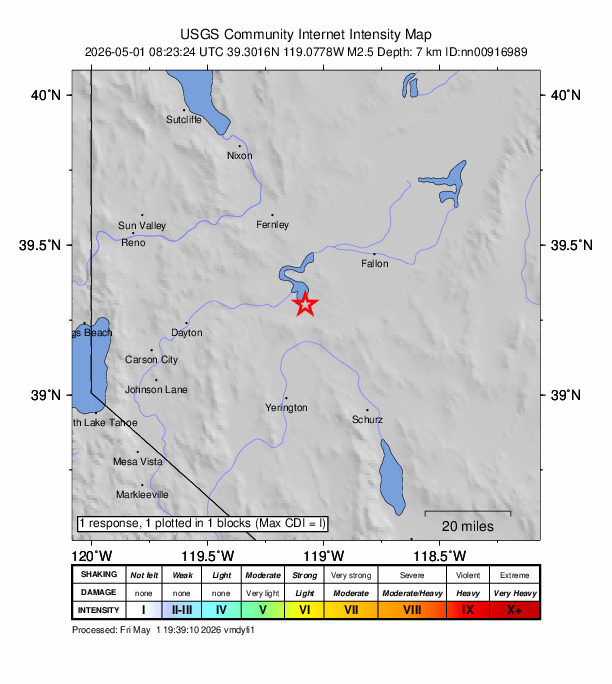 USGS DYFI community-reported intensity map for the M2.5 earthquake near 17 km SE of Silver Springs, Nevada