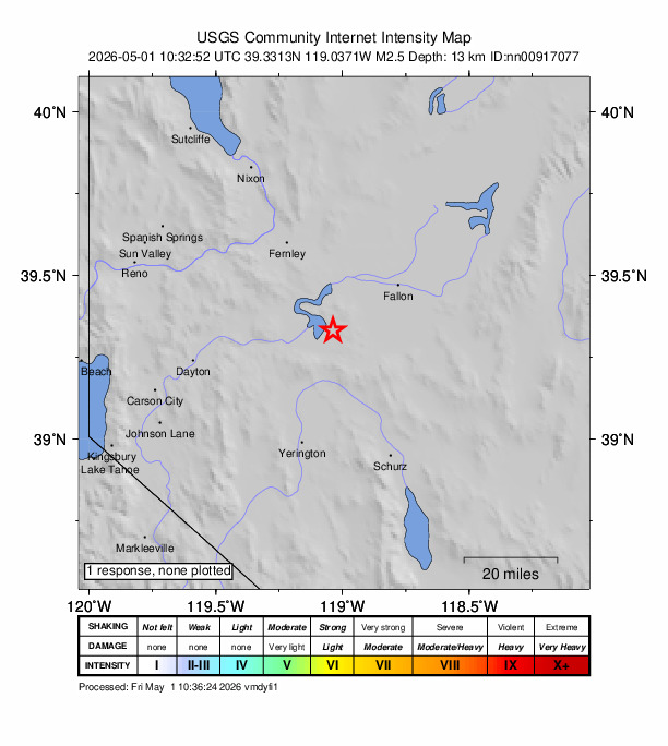 USGS DYFI community-reported intensity map for the M2.5 earthquake near 18 km ESE of Silver Springs, Nevada