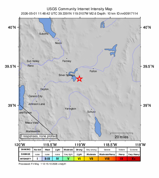 USGS DYFI community-reported intensity map for the M2.6 earthquake near 20 km ESE of Silver Springs, Nevada