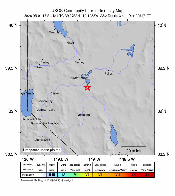 USGS DYFI community-reported intensity map for the M2.2 earthquake near 18 km SE of Silver Springs, Nevada