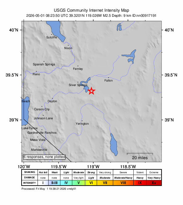 USGS DYFI community-reported intensity map for the M2.5 earthquake near 20 km ESE of Silver Springs, Nevada