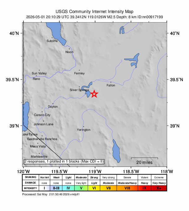 USGS DYFI community-reported intensity map for the M2.5 earthquake near 20 km ESE of Silver Springs, Nevada
