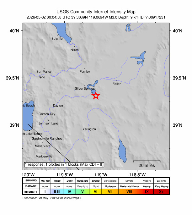 USGS DYFI community-reported intensity map for the M3.0 earthquake near 17 km SE of Silver Springs, Nevada