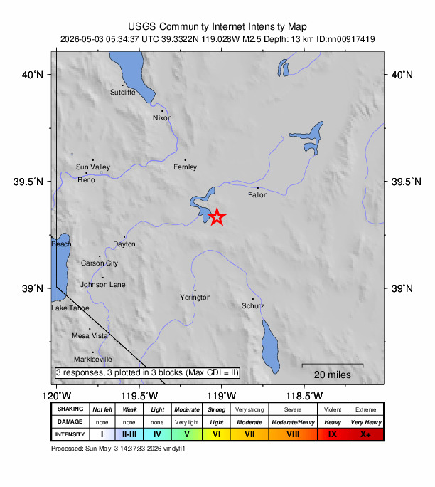 USGS DYFI community-reported intensity map for the M2.5 earthquake near 19 km ESE of Silver Springs, Nevada