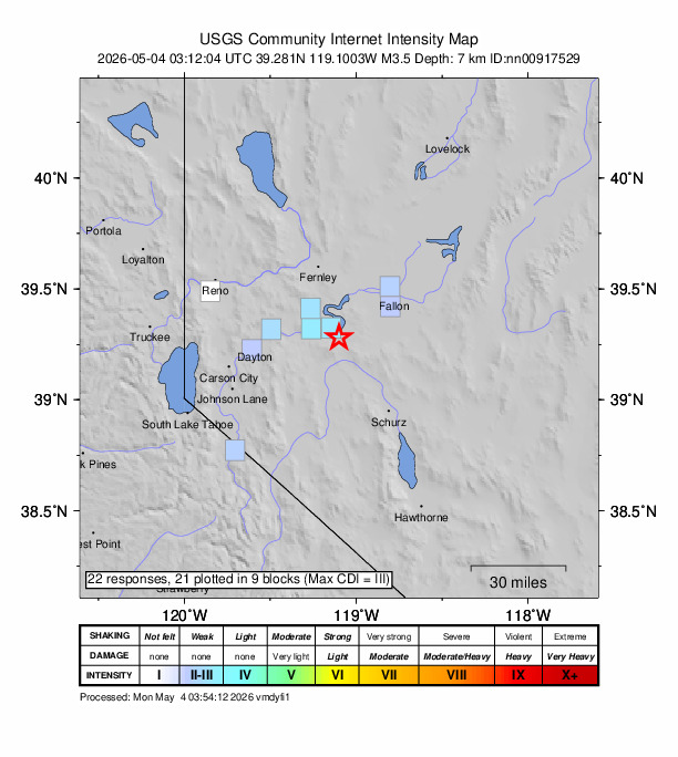 USGS DYFI community-reported intensity map for the M3.5 earthquake near 18 km SE of Silver Springs, Nevada