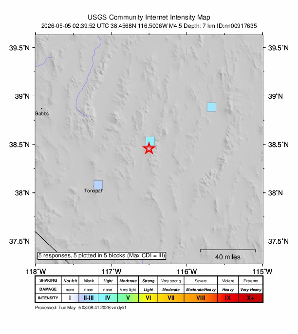 USGS DYFI community-reported intensity map for the M4.5 earthquake near 77 km NE of Tonopah, Nevada
