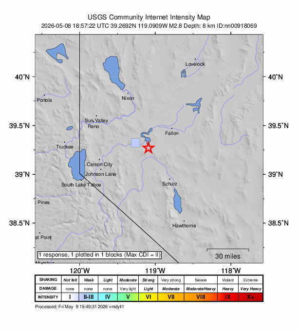 USGS DYFI community-reported intensity map for the M2.8 earthquake near 19 km SE of Silver Springs, Nevada