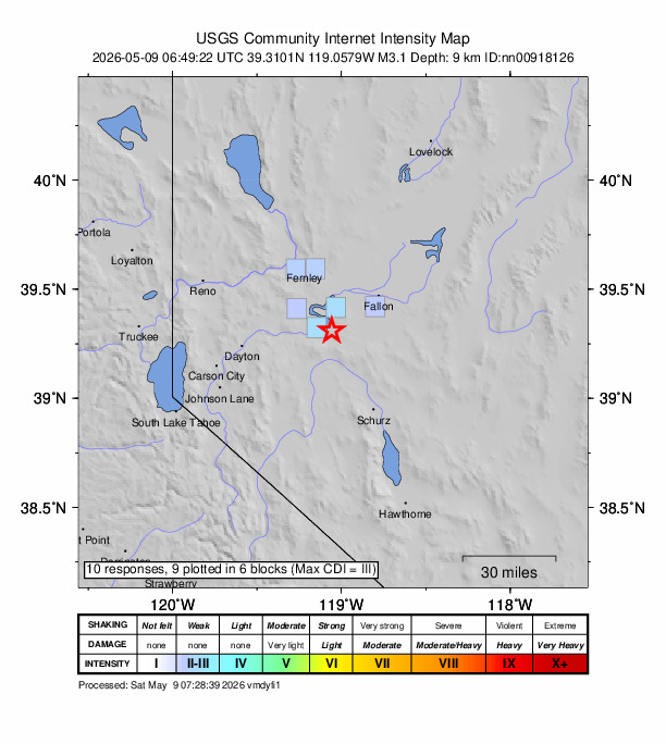 USGS DYFI community-reported intensity map for the M3.1 earthquake near 18 km SE of Silver Springs, Nevada