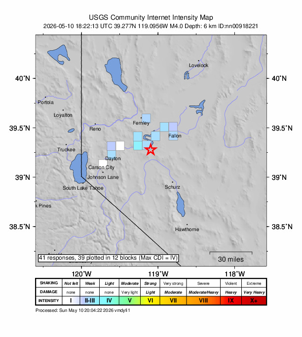 USGS DYFI community-reported intensity map for the M4.0 earthquake near 18 km SE of Silver Springs, Nevada