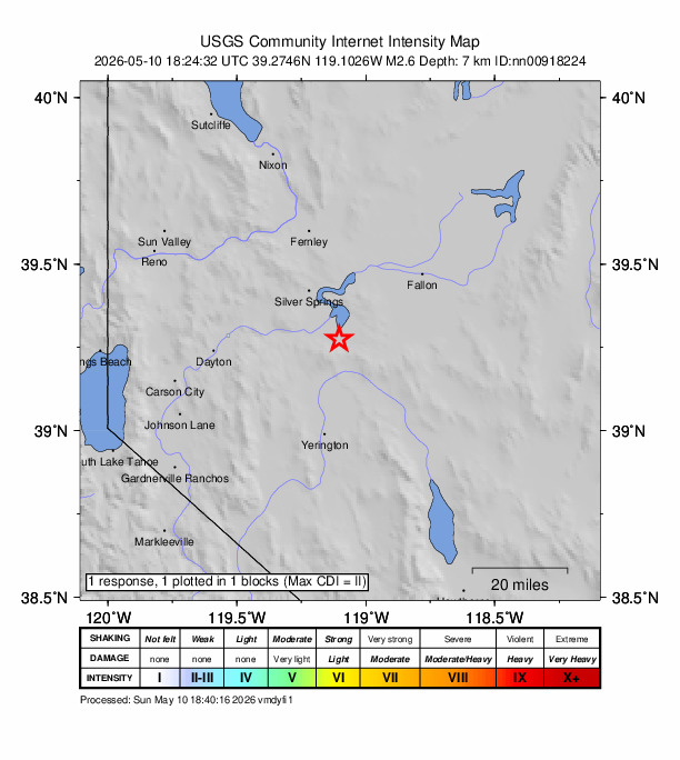 USGS DYFI community-reported intensity map for the M2.8 earthquake near 19 km SSE of Silver Springs, Nevada
