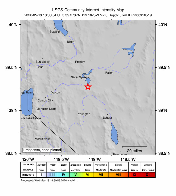 USGS DYFI community-reported intensity map for the M2.8 earthquake near 18 km SSE of Silver Springs, Nevada