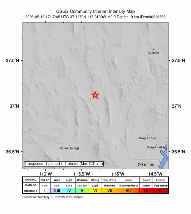 USGS DYFI community-reported intensity map for the M2.9 earthquake near 30 km SSW of Alamo, Nevada