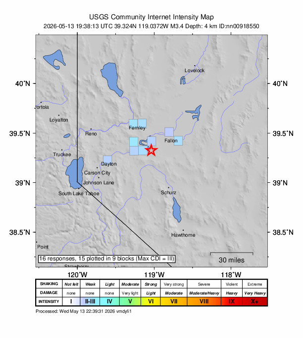 USGS DYFI community-reported intensity map for the M3.4 earthquake near 19 km ESE of Silver Springs, Nevada