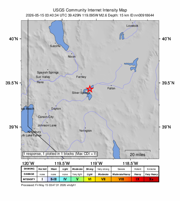 USGS DYFI community-reported intensity map for the M2.6 earthquake near 11 km E of Silver Springs, Nevada
