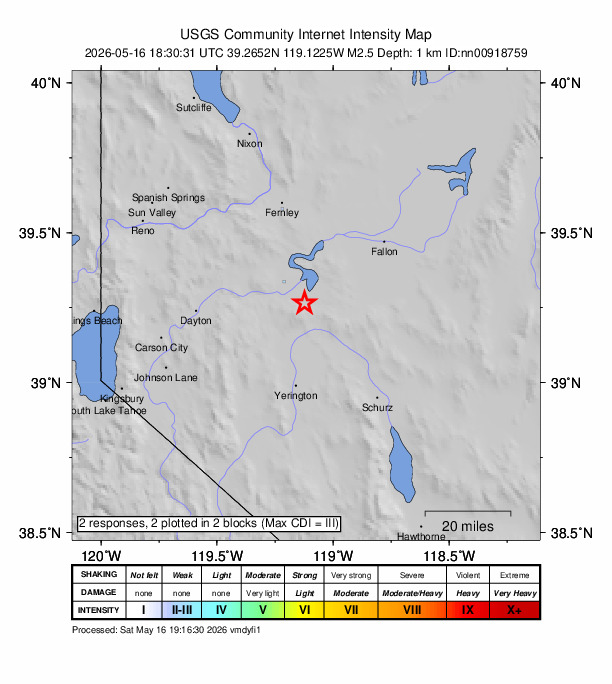 USGS DYFI community-reported intensity map for the M2.5 earthquake near 18 km SSE of Silver Springs, Nevada