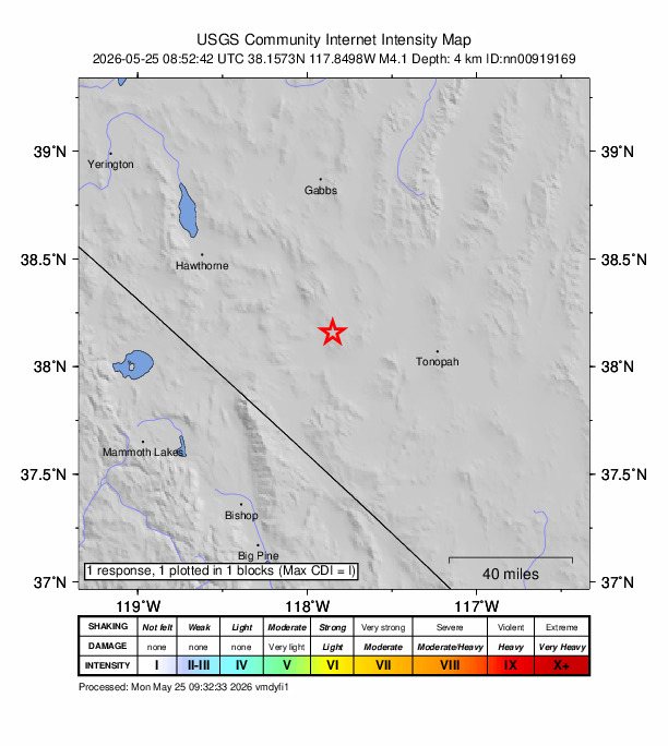 USGS DYFI community-reported intensity map for the M4.1 earthquake near 34 km SE of Mina, Nevada