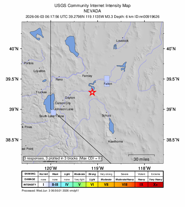 USGS DYFI community-reported intensity map for the M3.3 earthquake near 17 km SSE of Silver Springs, Nevada