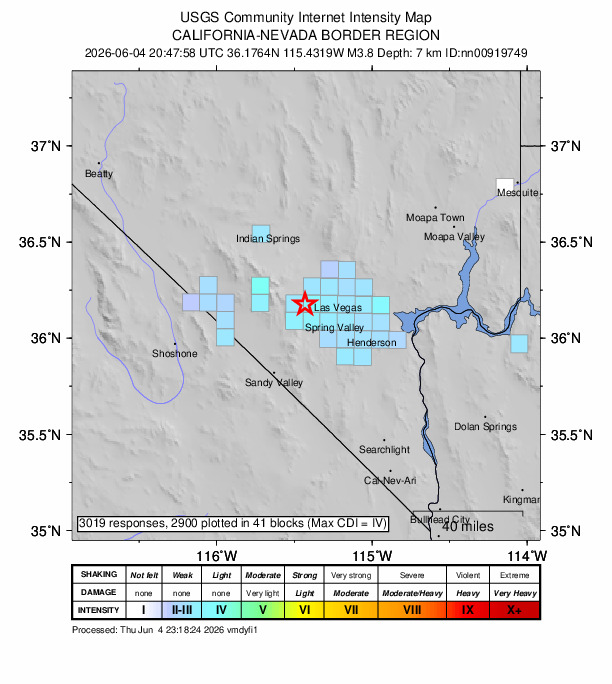 USGS DYFI community-reported intensity map for the M3.8 earthquake near 11 km NW of Summerlin South, Nevada