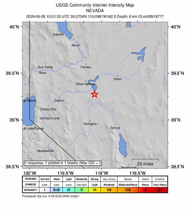 USGS DYFI community-reported intensity map for the M2.5 earthquake near 19 km SE of Silver Springs, Nevada