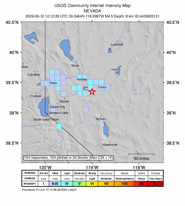 USGS DYFI community-reported intensity map for the M4.0 earthquake near 20 km ESE of Silver Springs, Nevada