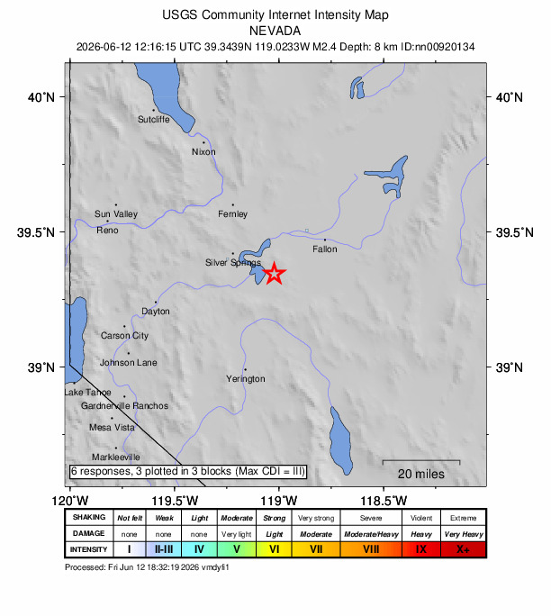 USGS DYFI community-reported intensity map for the M2.4 earthquake near 19 km ESE of Silver Springs, Nevada