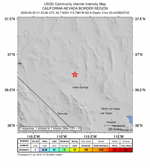 USGS DYFI community-reported intensity map for the M2.6 earthquake near 18 km NNW of Indian Springs, Nevada