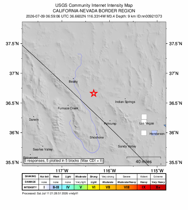 USGS DYFI community-reported intensity map for the M3.4 earthquake near 47 km SE of Beatty, Nevada