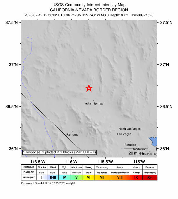 USGS DYFI community-reported intensity map for the M3.0 earthquake near 17 km NNW of Indian Springs, Nevada