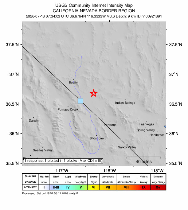 USGS DYFI community-reported intensity map for the M3.6 earthquake near 45 km SE of Beatty, Nevada
