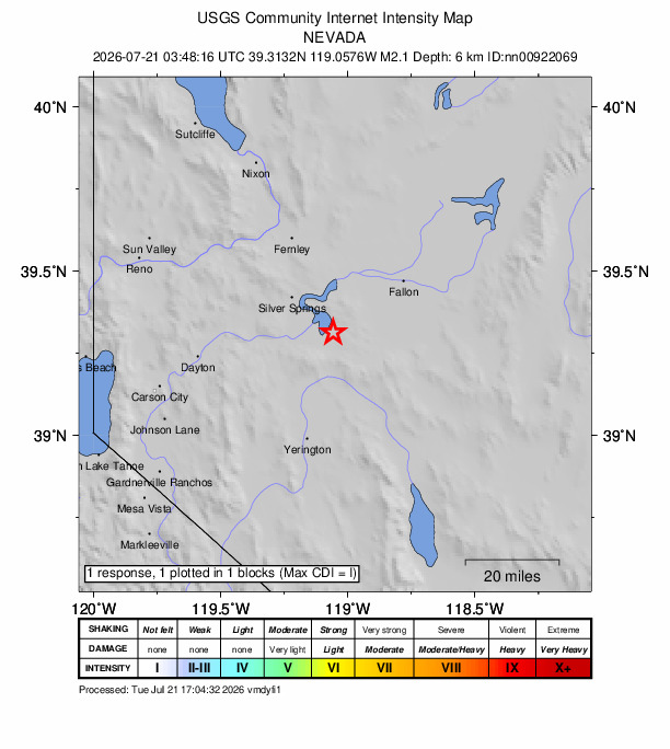 USGS DYFI community-reported intensity map for the M2.1 earthquake near 18 km SE of Silver Springs, Nevada