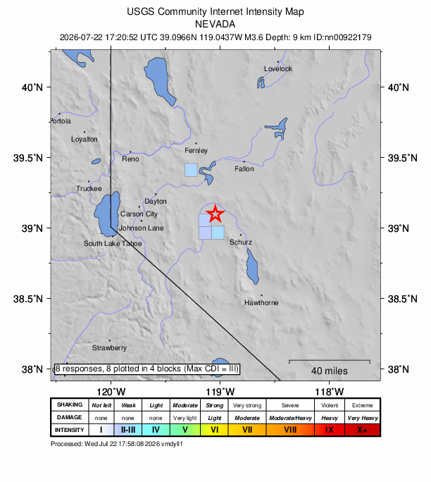 USGS DYFI community-reported intensity map for the M3.6 earthquake near 16 km NE of Yerington, Nevada