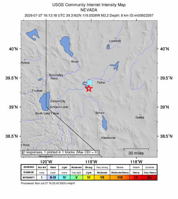 USGS DYFI community-reported intensity map for the M3.4 earthquake near 18 km SE of Silver Springs, Nevada