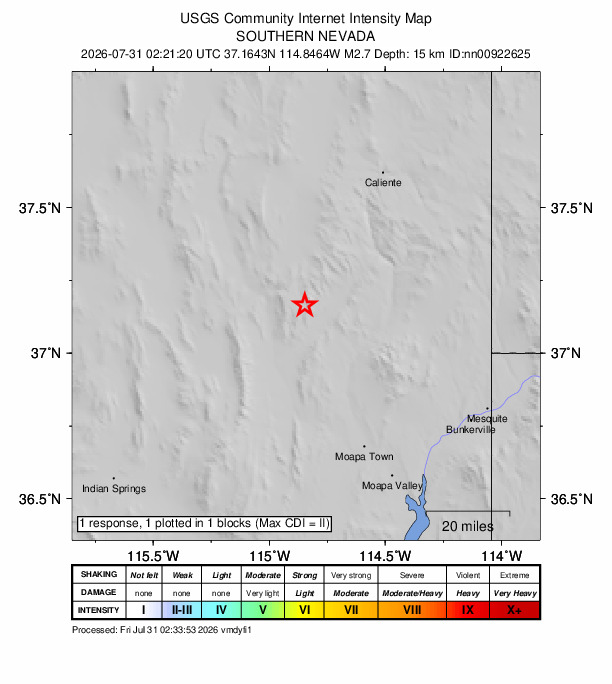 USGS DYFI community-reported intensity map for the M2.7 earthquake near 35 km SE of Alamo, Nevada